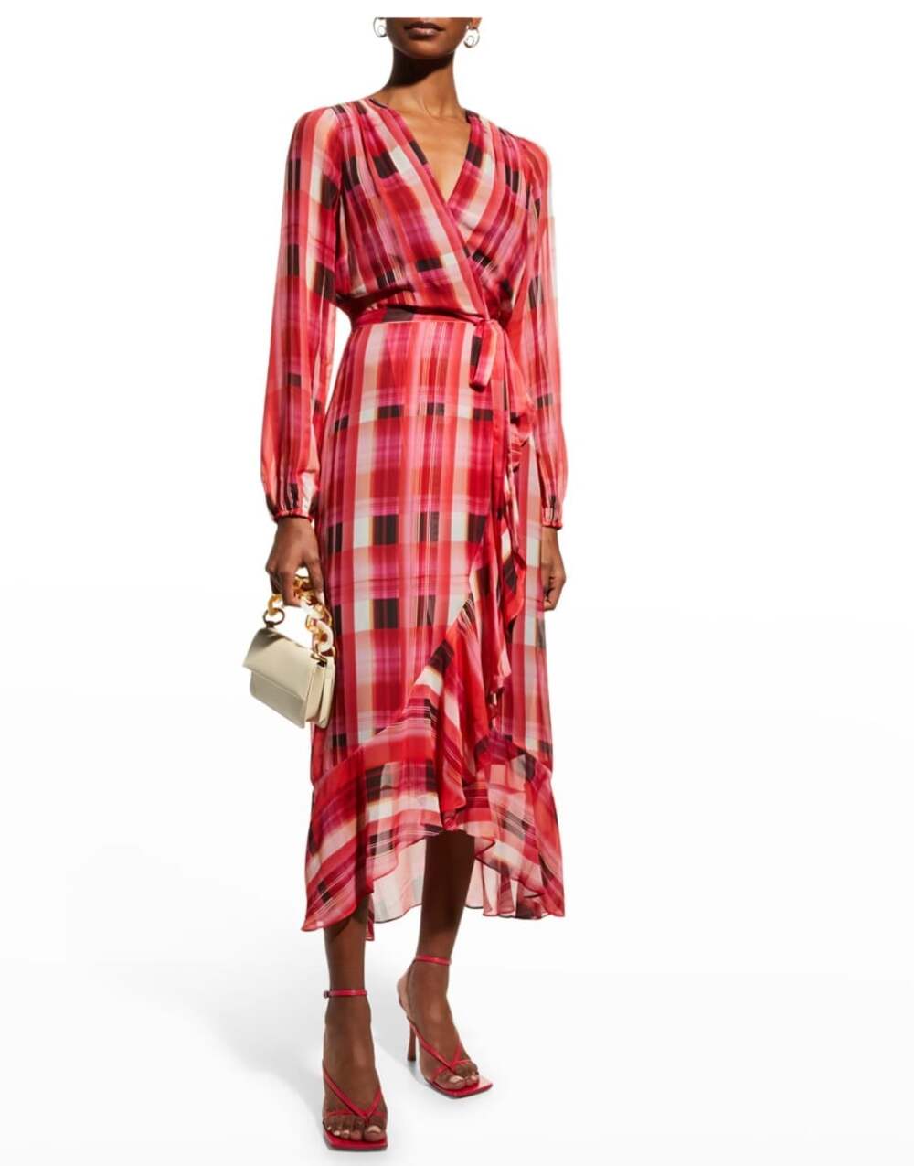 Milly Halley Ruffle Plaid Belted Midi Wrap Dress in Pink Size 2 Long Sleeve